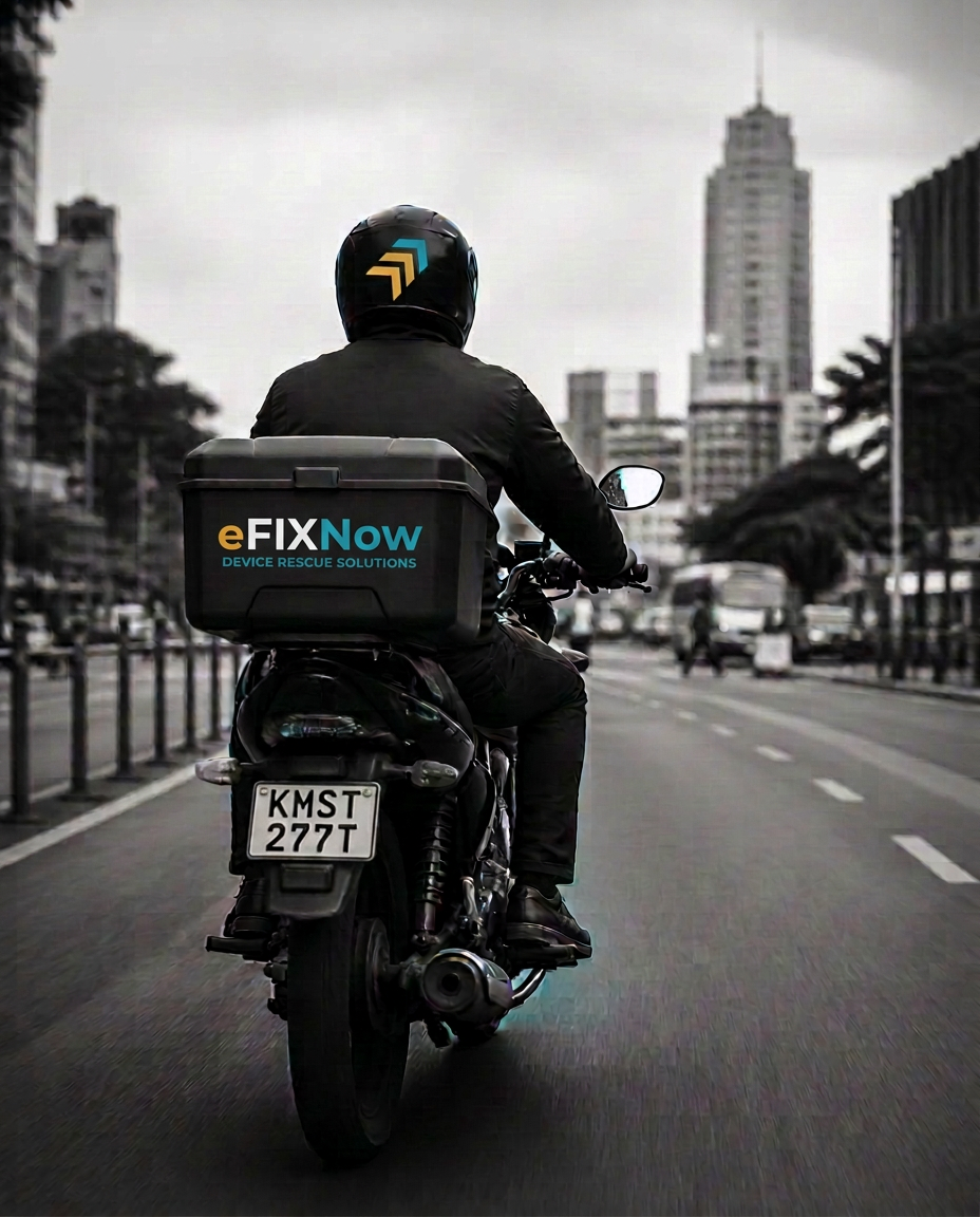 A branded eFixNow rescue rider delivering a repaired device